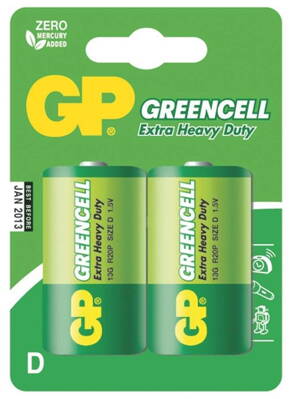 batérie GP Greencell, zinkovo - chloridová R20, veľké mono D, blister 2 ks, 1,5 V