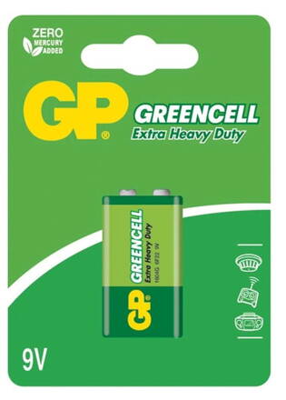 batérie GP Greencell, zinkovo - chloridová, 6F22, plochá, blister 1 ks, 9 V