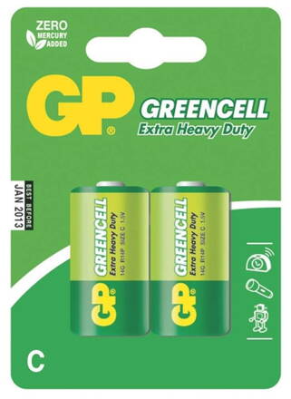 batérie GP Greencell, zinkovo - chloridová, R14, malé mono C, blister 2 ks, 1,5 V